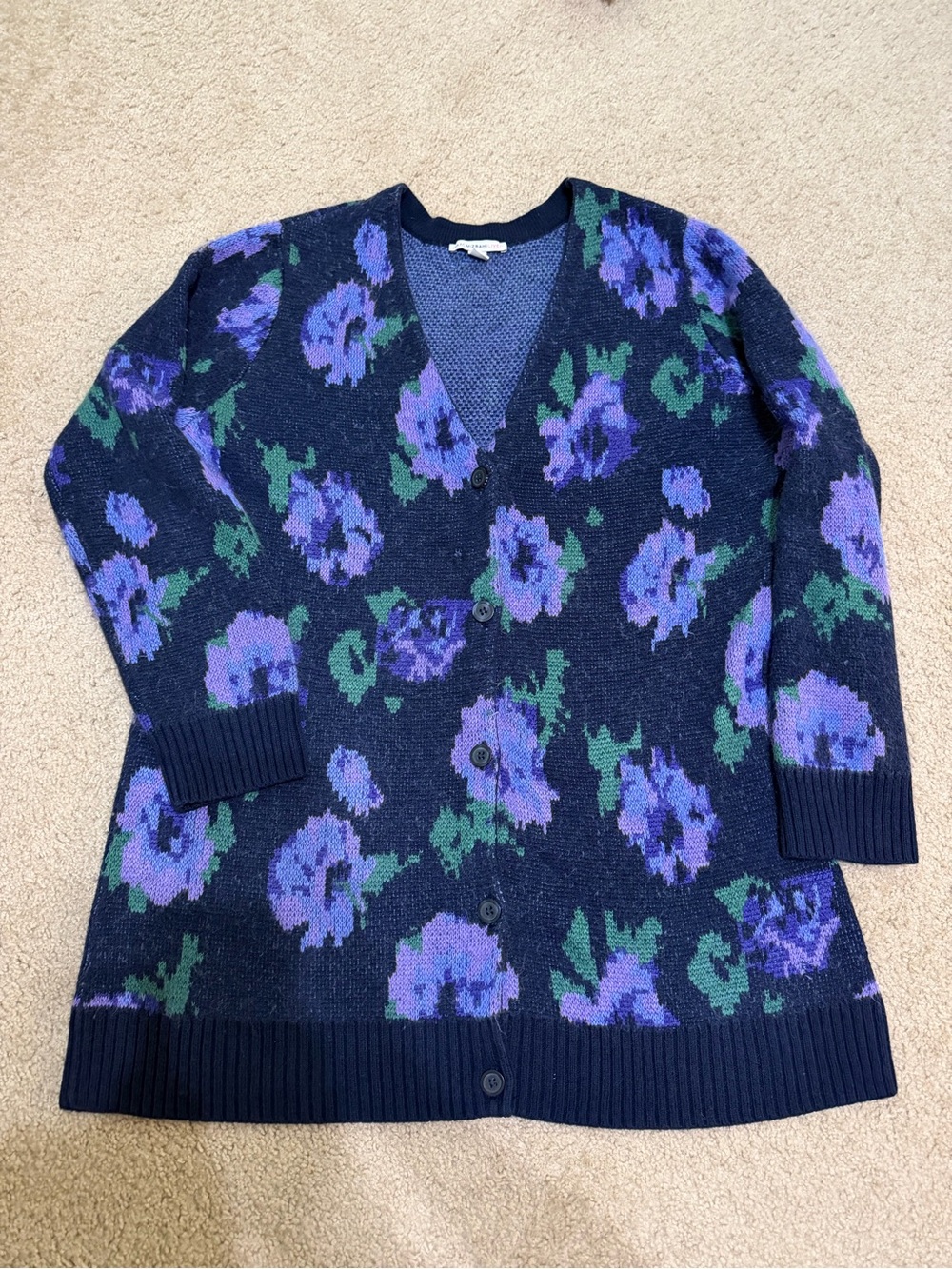 Isaac Mizrahi LIVE Floral Jacquard Boyfriend Cardigan Sweater Purple Navy L